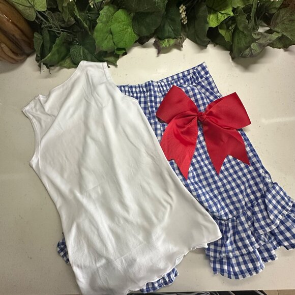 Hello 1st Grade Girls Outfit White Tank Top & Blue Gingham Ruffle Shorts With Re - Picture 2 of 6